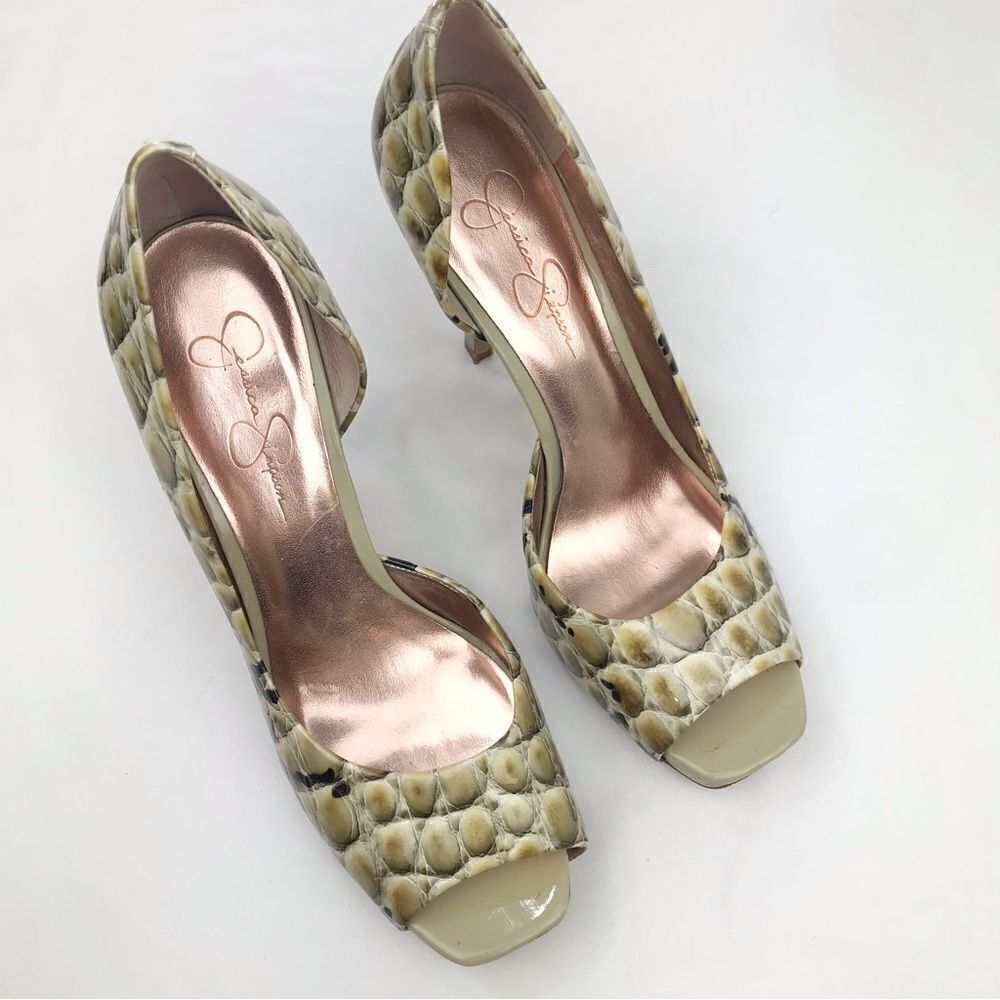 Jessica Simpson Beige Snake-Print Peep-Toe Heels - Picture 2 of 16